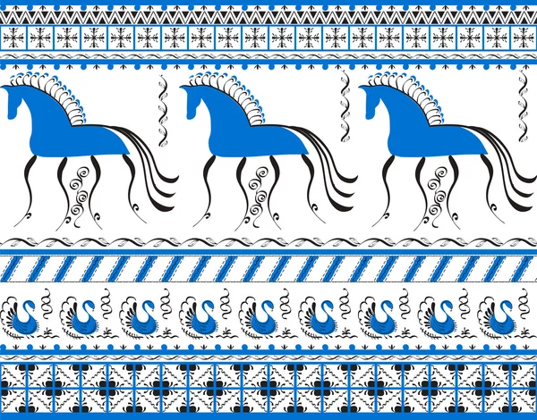 Ornament met blauwe Mezensky paarden — Stockvector