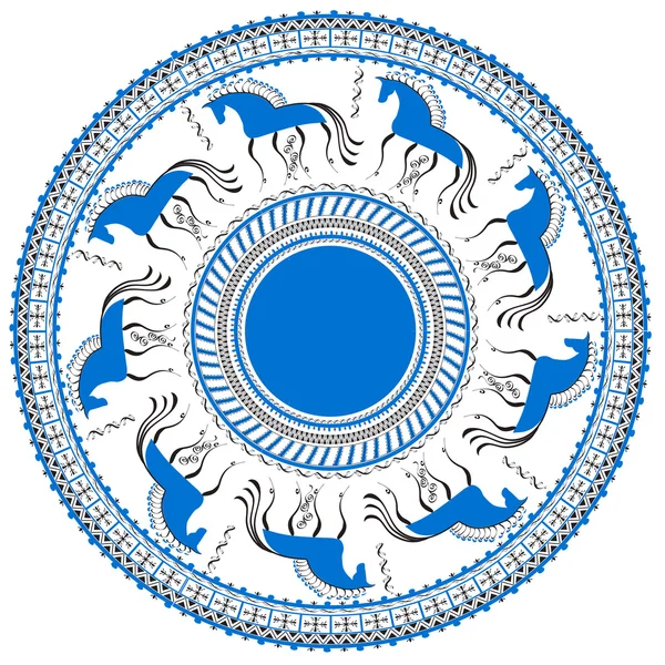 Rundes Ornament mit mezensky blauen Pferden — Stockvektor