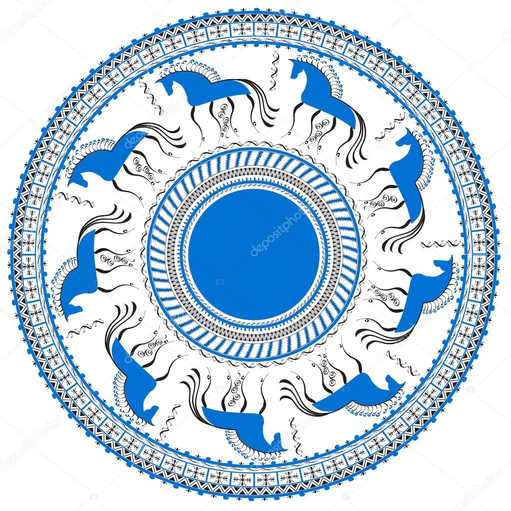 Circular ornament with Mezensky blue horses