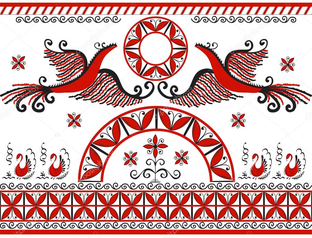 Mezensky ornament with two red firebirds