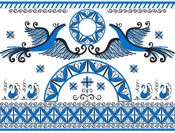 Border ornament with Mezensky blue firebirds — Stock Vector