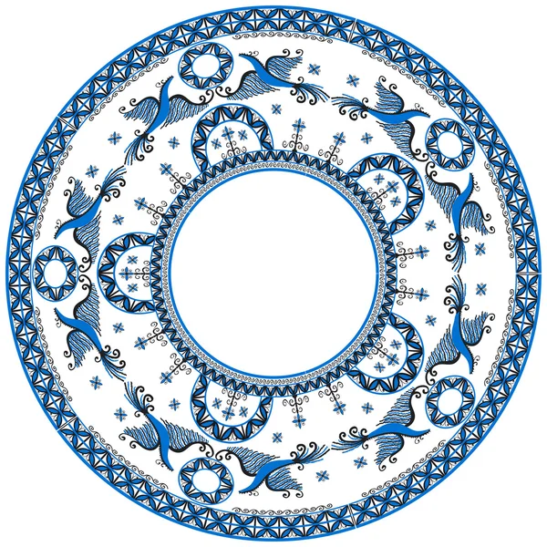 Kreisförmiges Ornament mit mezensky blauen Feuervögeln — Stockvektor