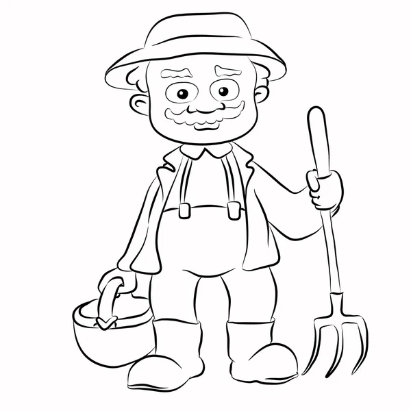 Contour of cartoon farmer with pitchfork and basket — Stock Vector