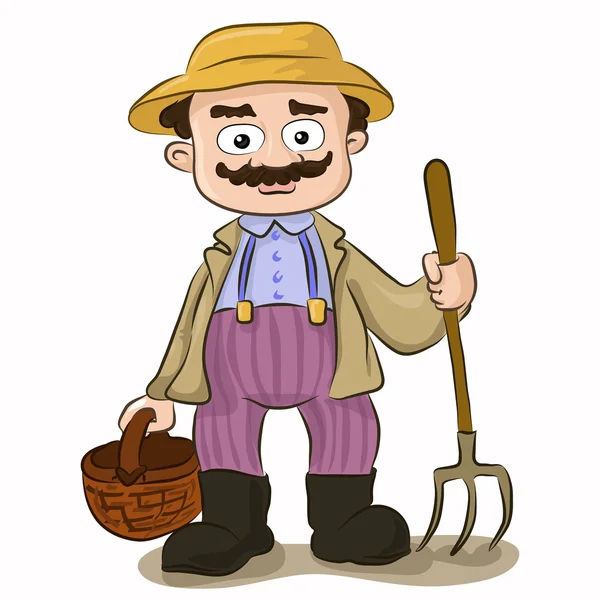 Cartoon farmer with pitchfork and basket — Stock Vector