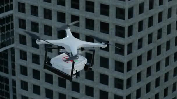 Närbild UAV Flygmedicin Drönare Leverans Medicin Första hjälpen Urban bakgrund — Stockvideo