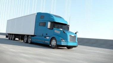 Mavi Modern Büyük Yarı Kamyon Kargo Karavanı Yolu Lojistik Teslimat 4K