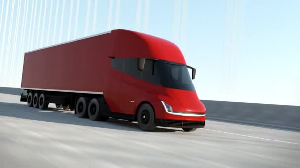 Grande camion moderno rosso dei semi con il percorso del rimorchio del carico sulla consegna logistica 4k della strada — Video Stock