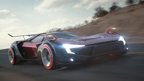 Elegante coche deportivo rojo eléctrico futurista que conduce rápido en la carretera de alta velocidad 4k — Vídeo de stock