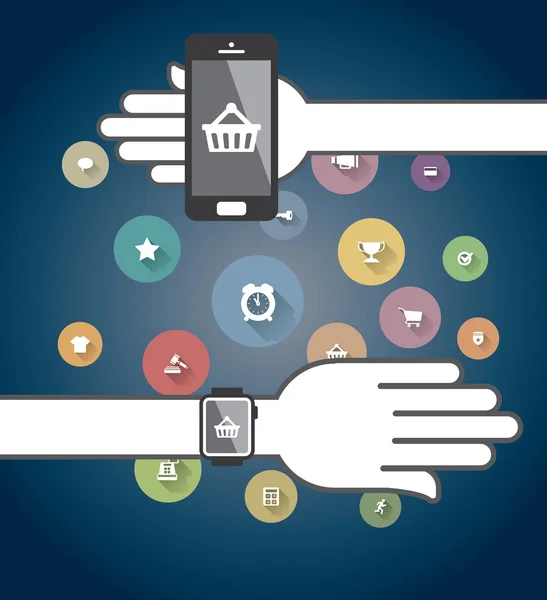 Smartwatch und Smartphone mit bunten E-Commerce-Symbolen — Stockvektor