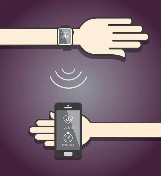 Smartwatch et communication smartphone. Smartwatch envoi fitn — Image vectorielle