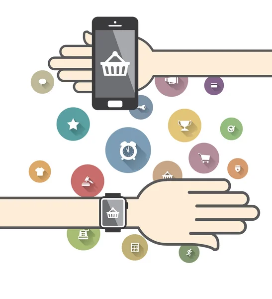 Smartwatch mit bunten E-Commerce-Symbolen — Stockvektor