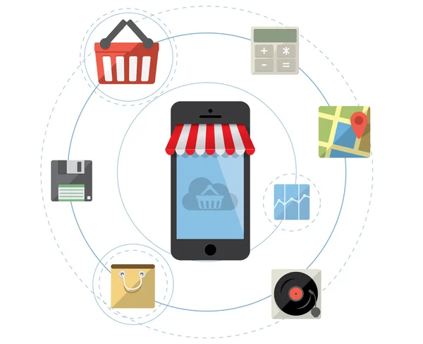Smartphone como loja online - vetor conceito de compras móveis com — Vetor de Stock