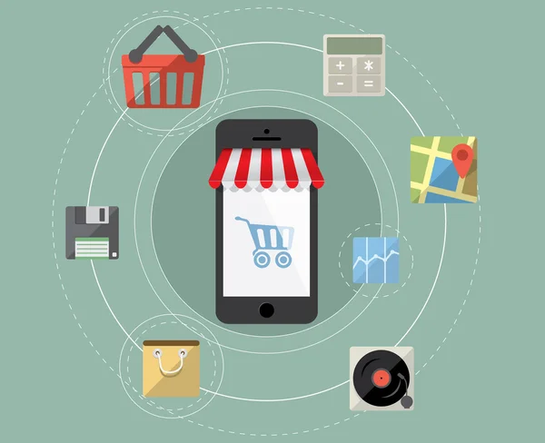 Smartphone como loja online - vetor conceito de compras móveis com — Vetor de Stock