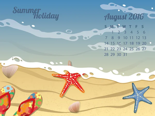 Calendário de praia para agosto 2016 — Vetor de Stock