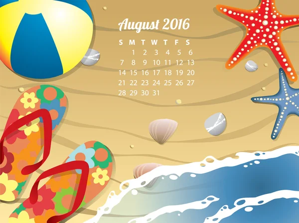 Calendario de playa para agosto 2016 — Vector de stock