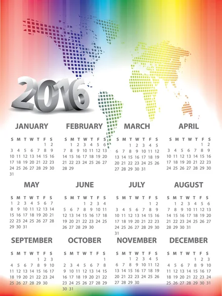 2016 Calendario con encabezado del mapa mundial — Vector de stock