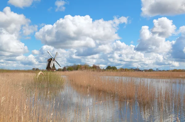 Nederlandse windmolen en mooie blauwe hemel — Stockfoto