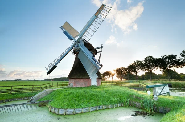 Encantador moinho de vento ao nascer do sol na Holanda — Fotografia de Stock