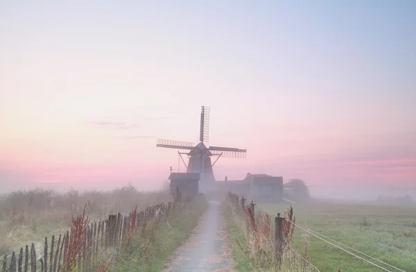 Mulino a vento olandese nella fitta nebbia mattutina — Foto Stock