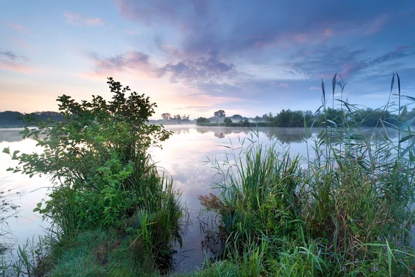 Beau lever de soleil brumeux sur le lac sauvage — Photo