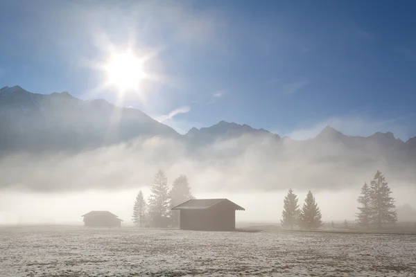 Foggy sunny morning pver winter alpine meadows — Stock Photo, Image