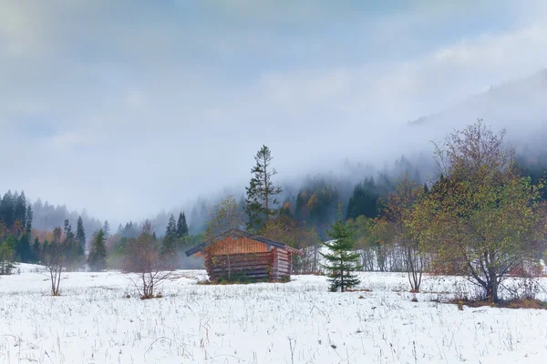 Wooden hut on snow in alps — Stock Photo, Image