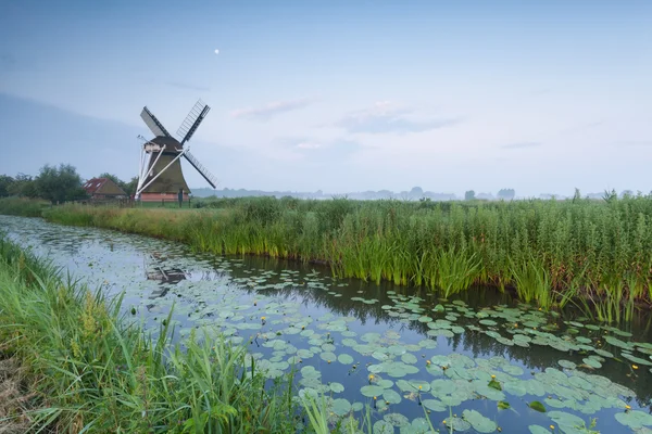 Nederlandse windmolen bu rivier en de maan — Stockfoto