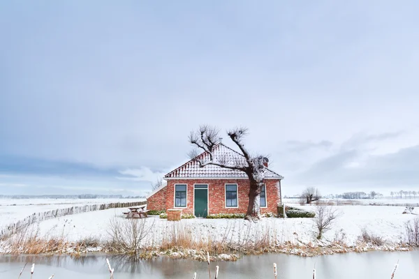 Nederlandse boerderij door rivier in sneeuw — Stockfoto