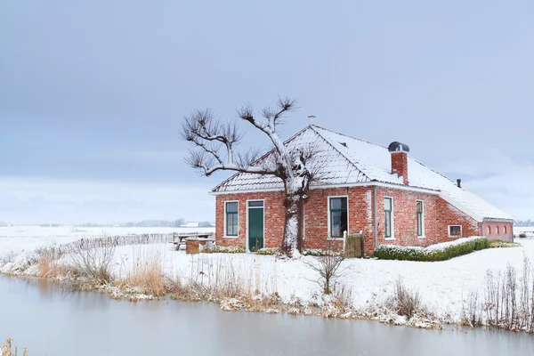 Очаровательный дом в зимнем снегу у реки — стоковое фото