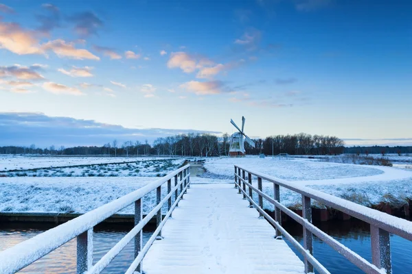 Bro till väderkvarn i snörik vinter — Stockfoto