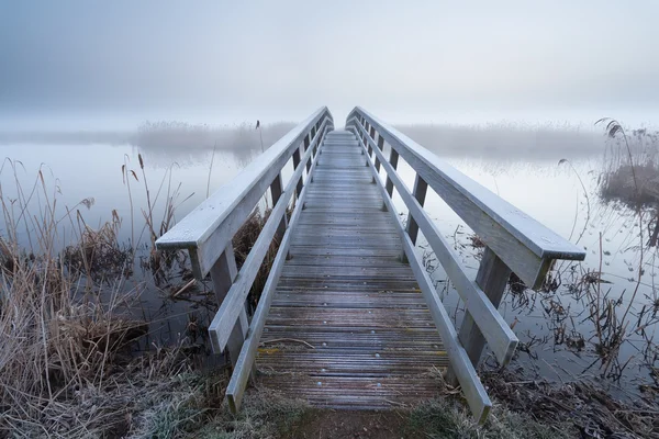 Fából készült hídon keresztül folyó télen — Stock Fotó