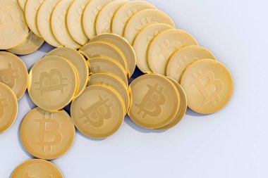 3 Boyutlu illüstrasyon, arka plandaki bitcoin yığınları beyaz