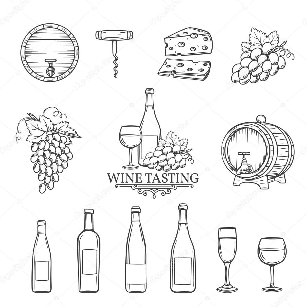 vector hand draw wine icons set on white