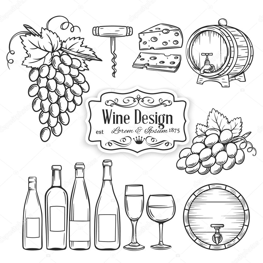 vector hand draw wine icons set on white