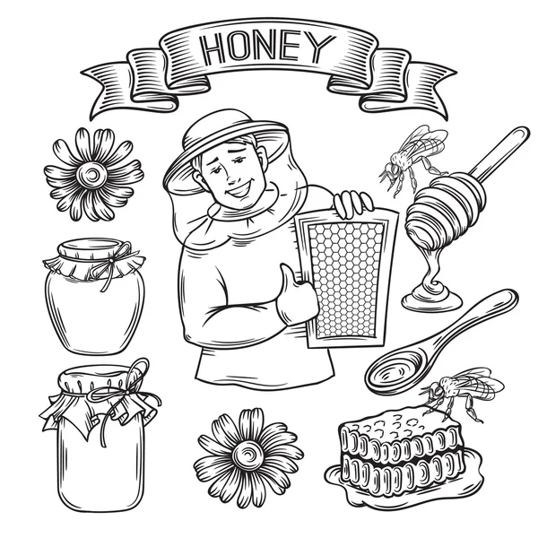 Conjunto de icono dibujado a mano miel. — Vector de stock