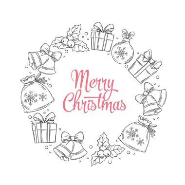 Beyaz arka planda el yazısıyla çizilmiş, harf ve vektör çizimli Mutlu Noeller çelengi