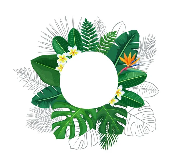 Hojas tropicales verdes y flores marco de círculo con espacio de copia, ilustración vectorial — Vector de stock