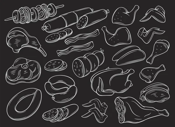 Produtos de carne em chalkboard preto, ilustrações vetoriais conjunto desenhado à mão para design de embalagem — Vetor de Stock