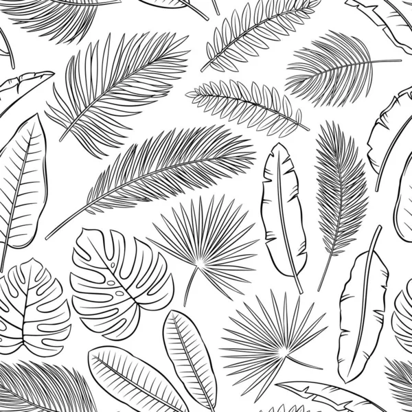 Svartvita tropiska blad och fjädrar sömlösa mönster på vit bakgrund, vektor kontur illustration — Stock vektor