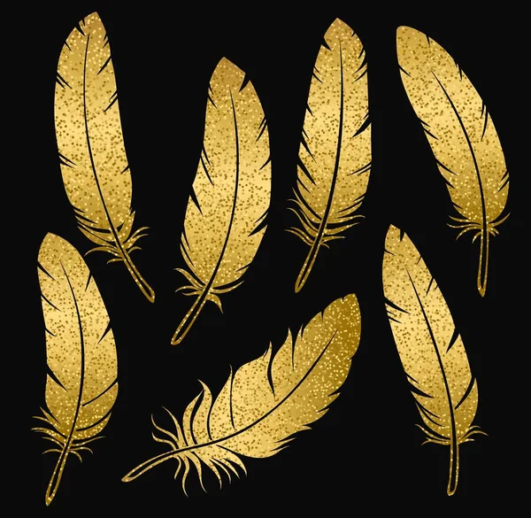 Vector set of golden bird feathers on a black background — Stock Vector