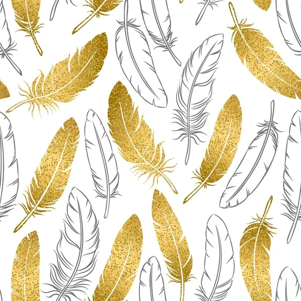 Patrón sin costura vectorial de plumas de aves de contorno dorado y dibujado a mano sobre un fondo blanco — Archivo Imágenes Vectoriales