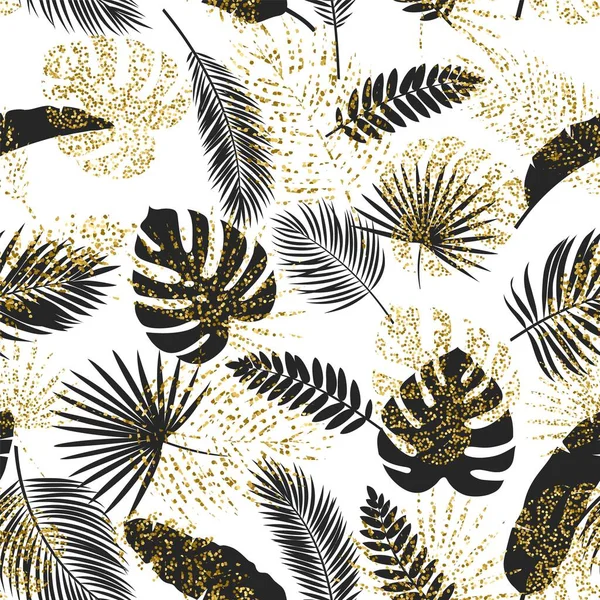 Vector black and golden tropical leaves seamless pattern on white background — Stock Vector