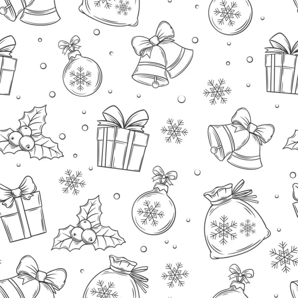 メリークリスマスシームレスなパターンの包装、ベクトル黒と白の手描きのモノクロイラスト — ストックベクタ