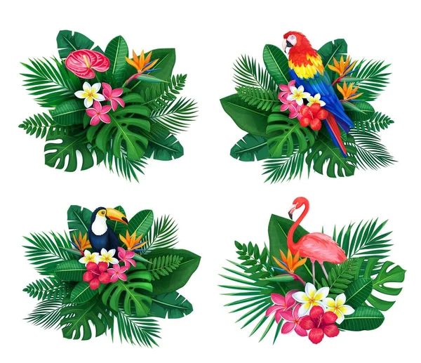 Vector tropische Sommer-Design-Illustrationen für Werbung mit Dschungel-Vögeln, Strelitzien, Plumeria, Palmen, Monstera. — Stockvektor