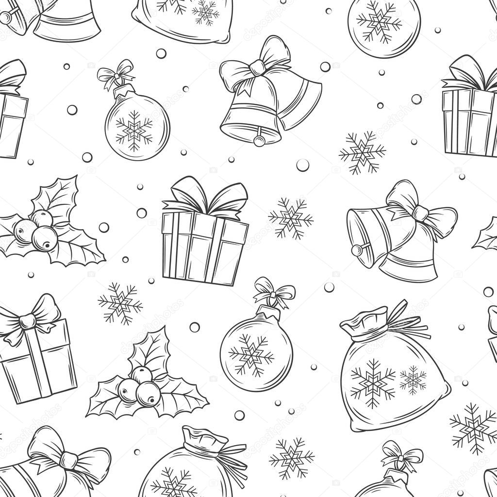 Merry Christmas seamless pattern for wrapping, vector black and white hand-drawn monochrome illustration