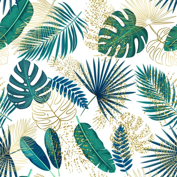 Foglie tropicali verdi e dorate modello senza cuciture su sfondo bianco, illustrazione vettoriale — Vettoriale Stock