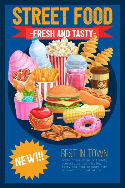 Banner publicitario de comida callejera, ilustración realista vectorial de comida rápida para llevar — Vector de stock