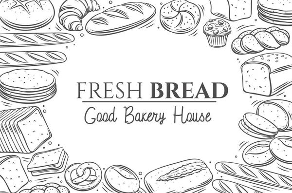 Diseño de productos de pan, ilustración vectorial de contorno monocromo con letras para el menú de panadería — Vector de stock