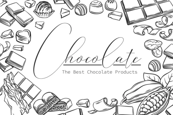 Chocolade producten lay-out, schets vector illustratie in schets stijl met belettering voor zoetwaren winkel — Stockvector