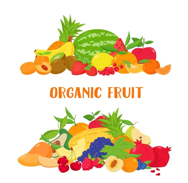 Banner színes gyümölcsök és bogyók, vektor illusztráció elszigetelt fehér design menü bio élelmiszer áruház — Stock Vector